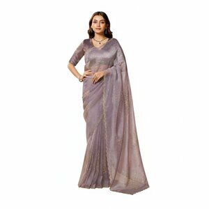 Elegant Women's Satin Organza Purple Saree with Jaquard Satin Silk Blouse